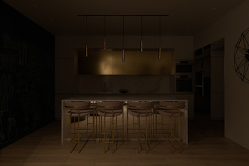 3D render of a kitchen with big cooking island and night lighting