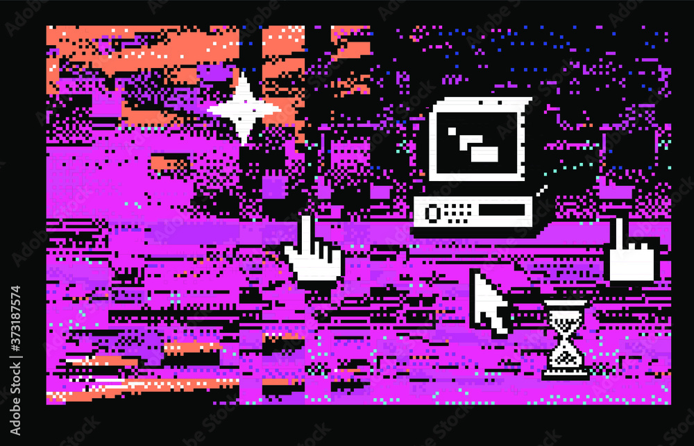 Poster Abstract pixelated background with flickers and datamoshing effect. Vaporwave and cyberpunk style aesthetics.