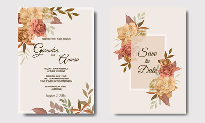 Beautiful autumn floral frame wedding invitation card template Premium Vector