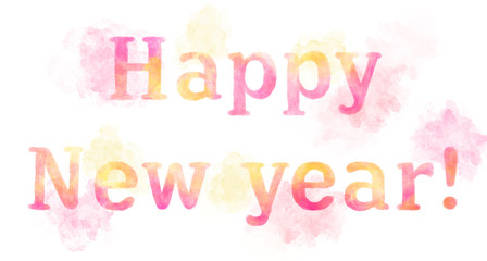 watercolor hand drawn lettering happy new year, in vibrant colors of pink and yellow, on white background