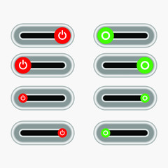 Set of 8 On Off slider style power buttons. The Off buttons are enclosed in a red circle and the on buttons in a green circle, with a slider changing from red to green.