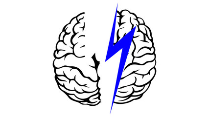 The human brain is split in two by lightning isolated on white background. Mental illness concept. Vector illustration. Broken brain