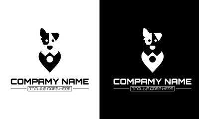 Vector illustration of dog icon and location graphics. Flat style. Cartoon dog face. Simple silhouette. Animal Logotype Concept. Logo design template.