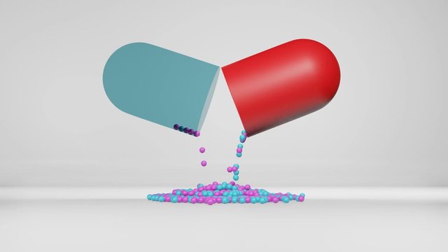Colorful caplet is falling from a capsule with white background (3D Rendering)
