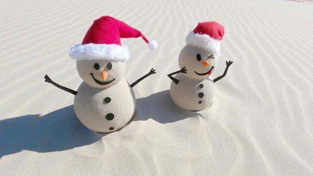 Two Sandy Christmas Snowmen are celebrating Christmas on a beautiful beach, zoom out