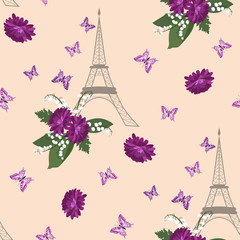 Fototapeta na wymiar Seamless vector illustration with chrysanthemum, lily of the valley, eiffel tower and butterflies