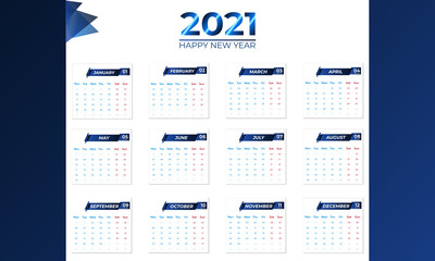2021 Calendar design 12-month calendar design on 1 page.