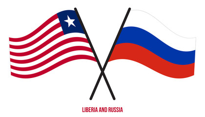 Liberia and Russia Flags Crossed And Waving Flat Style. Official Proportion. Correct Colors.