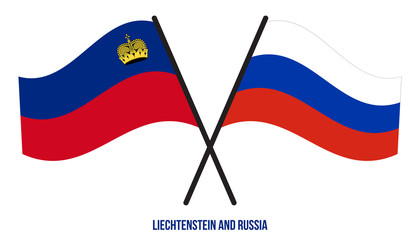 Liechtenstein and Russia Flags Crossed And Waving Flat Style. Official Proportion. Correct Colors.