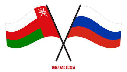 Oman and Russia Flags Crossed And Waving Flat Style. Official Proportion. Correct Colors.