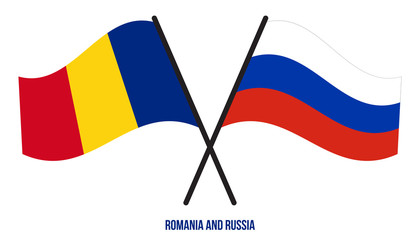 Romania and Russia Flags Crossed And Waving Flat Style. Official Proportion. Correct Colors.