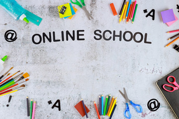 Back to virtual school background with copy space.