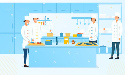 Group of chefs or cooks in a commercial kitchen preparing fresh food for sale, colored vector illustration