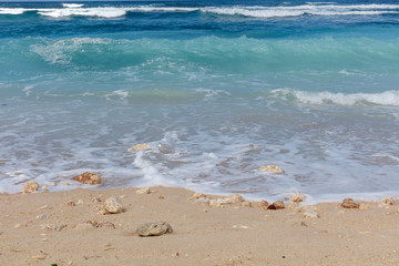 Popular Melasti Beach (Pantai Melasti), Bukit, Bali, Indonesia. Turquoise water, rocks, ocean scenery. 