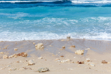 Popular Melasti Beach (Pantai Melasti), Bukit, Bali, Indonesia. Turquoise water, rocks, ocean scenery. 