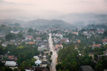 Sunrise and mist over Luang Prabang, Laos from Mount Phousi