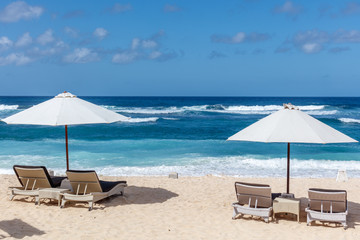 Popular Melasti Beach (Pantai Melasti), Bukit, Bali, Indonesia. Turquoise water, rocks, ocean scenery. 