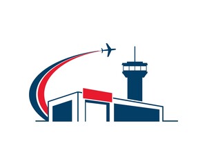 Modern airport with swoosh and plane