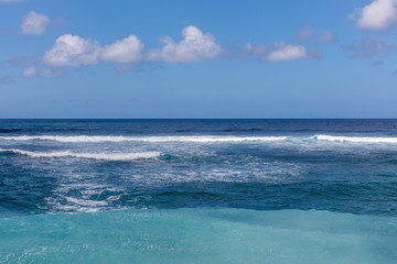 Popular Melasti Beach (Pantai Melasti), Bukit, Bali, Indonesia. Turquoise water, rocks, ocean scenery. 
