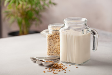 Vegan oat milk, non dairy alternative milk in a glass. Oat flakes  on stone table.