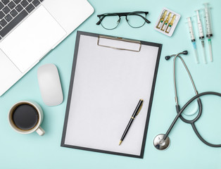 Medical healthcare background. Flat lay objects with copy space