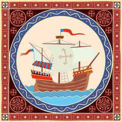 Obraz premium An old sailing ship sails on the sea. Illustration in a decorative frame. Stylization of historical book graphics
