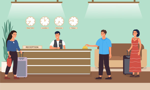 Reception desk at a hotel with tourists with baggage seeking assistance at the front desk, colored vector illustration