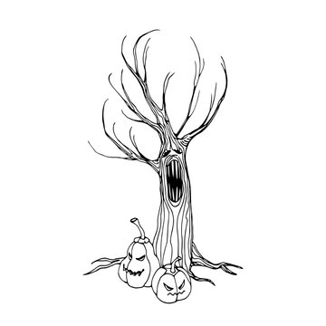 scary dry dead tree, the mystical character of Halloween holiday, monster with human face, vector illustration with black contour lines isolated on a white background in a doodle & hand drawn style