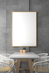 Frame with Poster Mockup on Concrete Wall , dining set, kitchen, cafe, 3D Interior Render