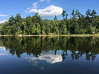 Fototapeta na wymiar Trees reflected in the water at McGrath Pond, a pretty lake in Maine on a sunny day with clouds