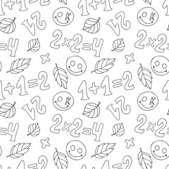 Children's school seamless black and white contour drawing with numbers. 