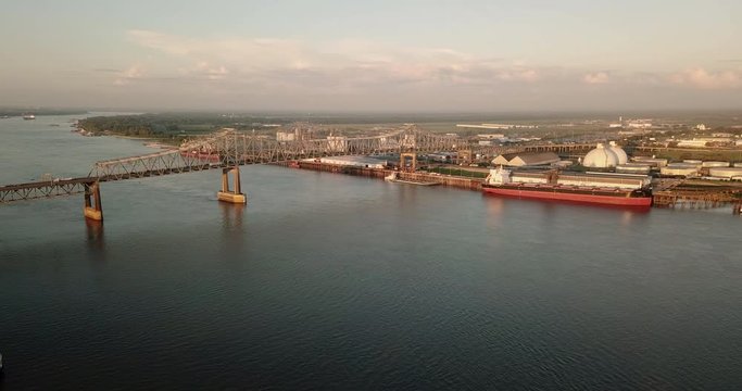 Aerial View Baton Rouge Louisiana over bridge and port