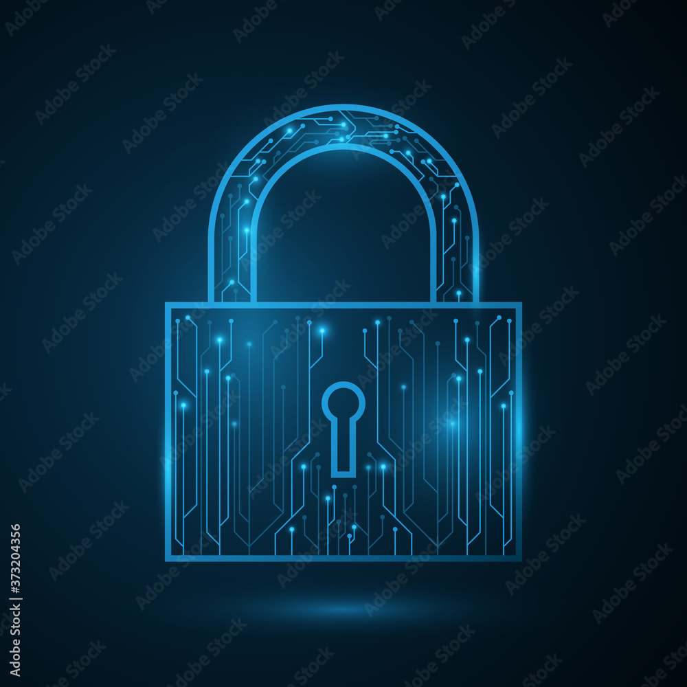 Poster security lock in futuristic cyber style. password protection of computer system data and files. glow
