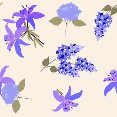 Seamless vector illustration with gentle flowers lilac, lily and hydrangea.