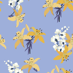 Fototapeta na wymiar Seamless vector illustration with gentle flowers lily and orchids on a blue background.