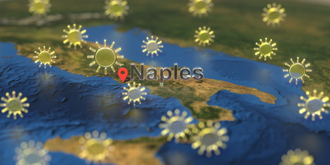 Sunny weather icons near Naples city on the map, weather forecast related 3D rendering