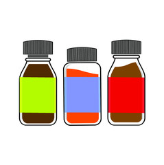 Fototapeta premium three small bottles filled with colorful liquid, water, drink