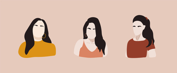 Set of female shapes and silhouettes on retro background. Abstract women in pastel colors. Collection of contemporary art posters. Fashion girls for social media. Modern vector illustration.