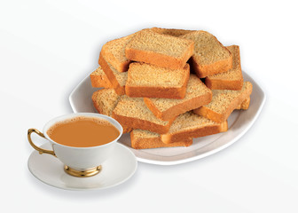 Crunchy Rusk or Toast for healthy life, Traditional biscuit tray with tea, toasts for breakfast and cup of fresh milk & Tea, dry toast bread, crunchy toast, crispy milk rusk, butter roasted bread