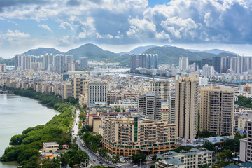 Fototapeta premium Beautiful aerial panoramic view of the city of Sanya city from Luhuitou Park. Hainan, China.