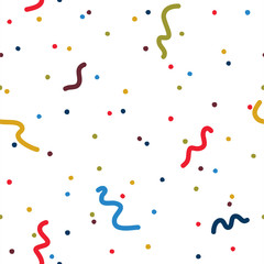 Seamless geometric pattern with colorful circles and lines on a white background. Rainbow confetti. Isolated background. Great for fabric, wallpaper, textile, wrapping. Raster illustration.