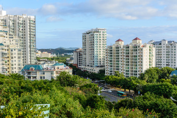 Beautiful aerial panoramic view of the city of Sanya city from Luhuitou Park. Hainan, China.