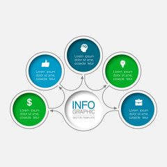 Vector infographic template, circle with 5 steps or options. Data presentation, business concept design for web, brochure, diagram.