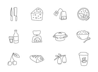 food and kitchen doodles isolated on white. food and kitchen icon set for web design, user interface, mobile apps and print
