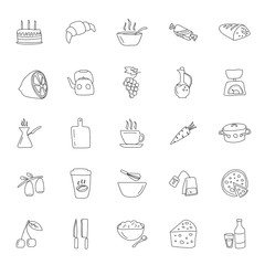 food and kitchen hand drawn linear doodles isolated on white background. food and kitchen icon set for web and ui design, mobile apps and print products