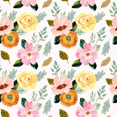 yellow pink flower watercolor seamless pattern