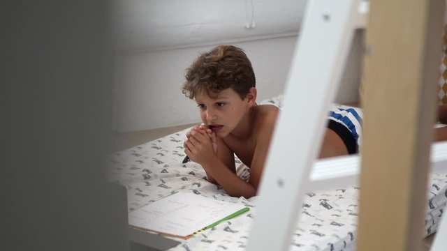 Boy Studying From Home In Online Class. Kid In Front Of Laptop Screen