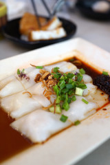 Steamed rice rolls with shrimps also known as chee cheong fun, Chinese dim sum