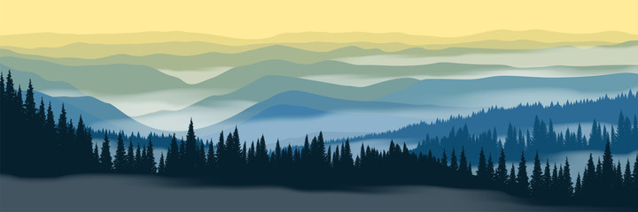 Vector illustration of mountain landscape. Sunrise in mountain forest with fog. Beautiful panoramic landscape.