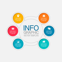 Vector infographic template, circle with 6 steps or options. Data presentation, business concept design for web, brochure, diagram.